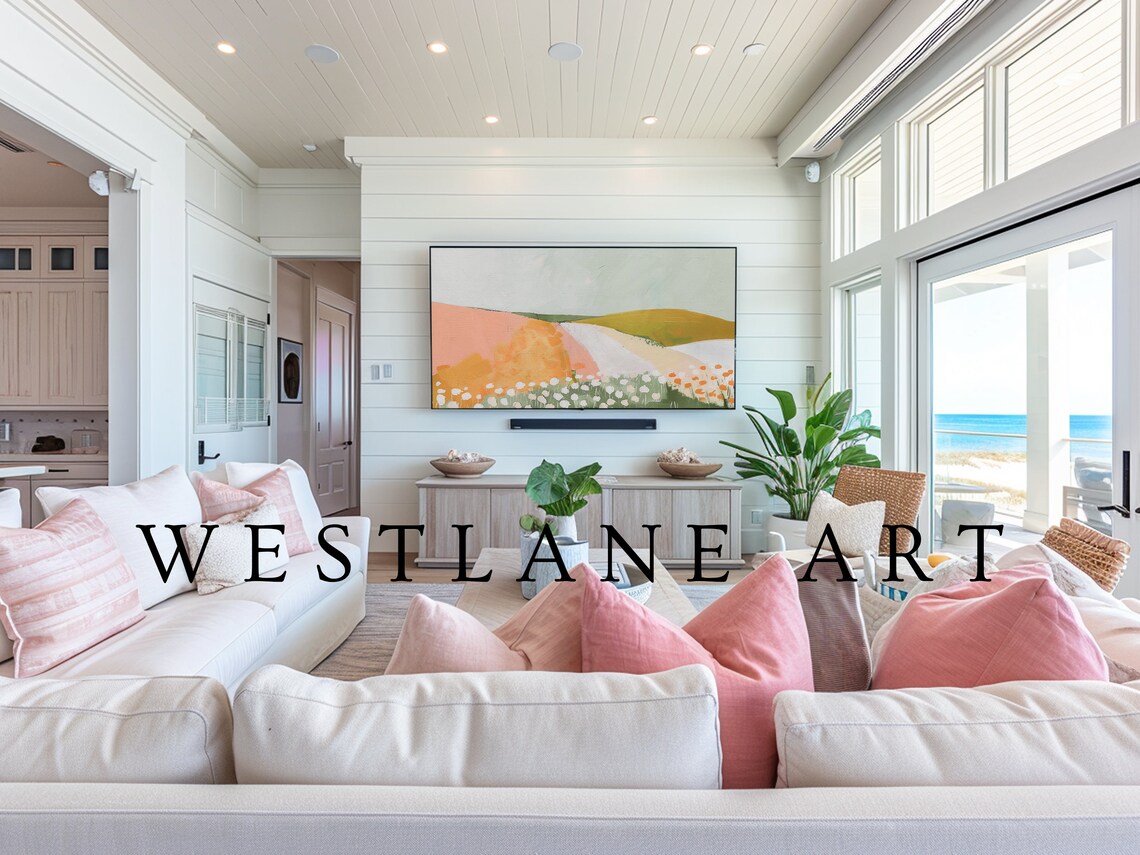 Modern Country Meadow Painting Peach Hills White Wildflowers Art Print - Image 4