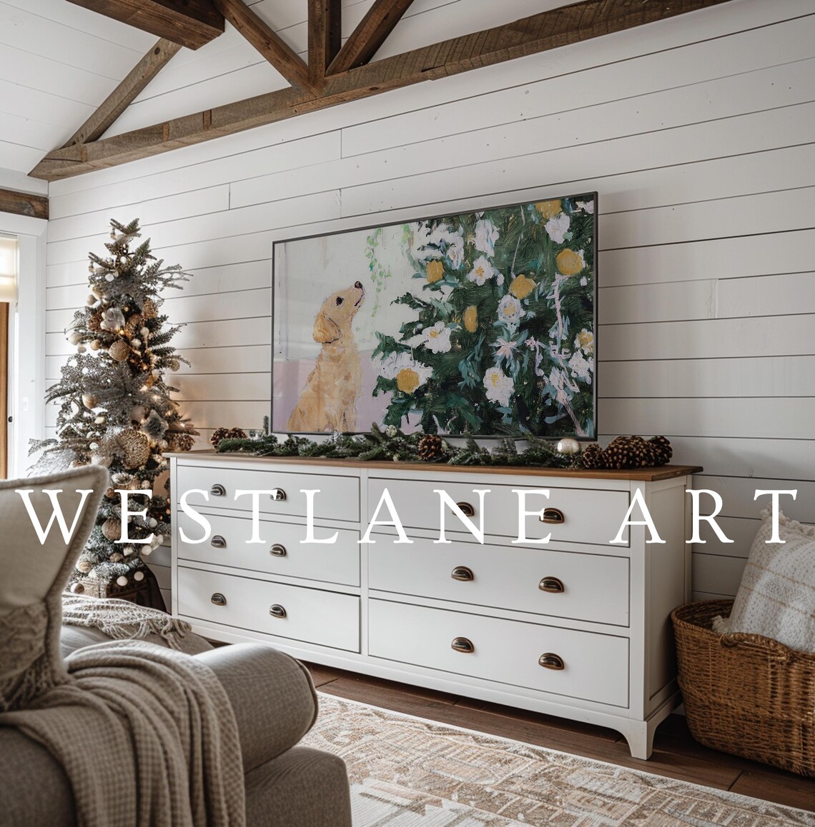 Golden Retriever Puppy With Christmas Tree Cottagecore Painting Poster - Image 2
