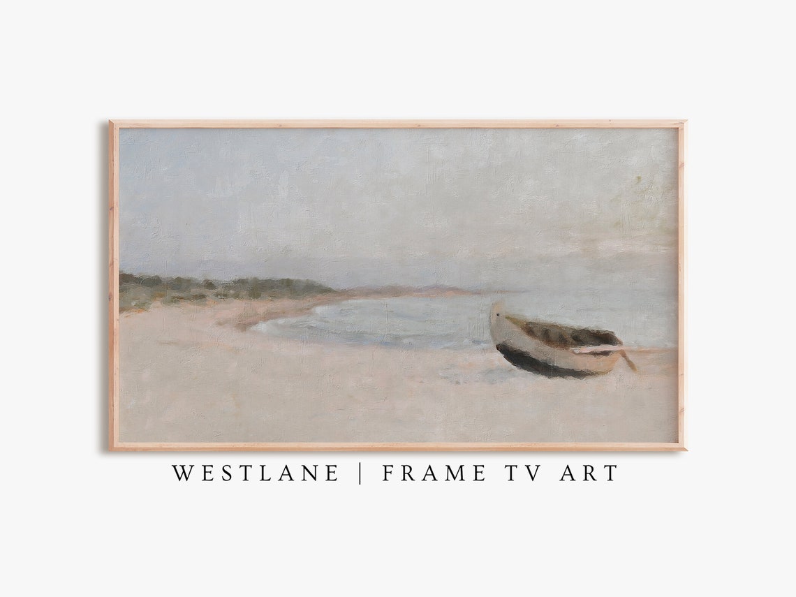 Pastel Beach Painting Lone Boat Sandy Shore Coastal Art Poster