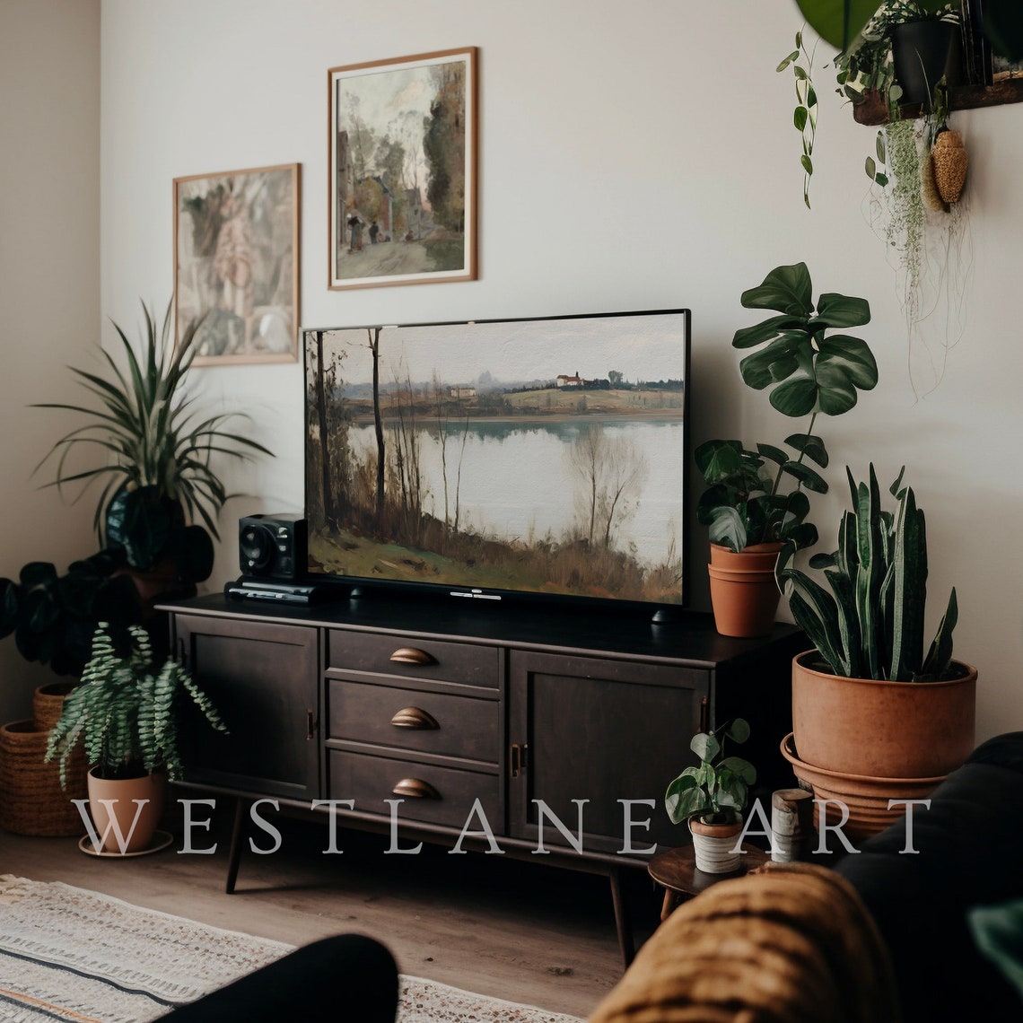 Rustic Lake House Painting Bare Trees Distant Homes Art Poster - Image 3