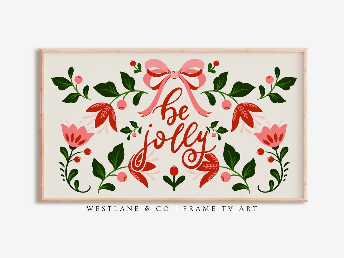 Be Jolly Script Pink Bow Floral Wreath Scandinavian Christmas Wall Art