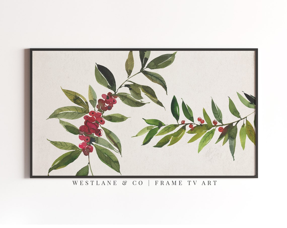Red Winter Berry Branches Watercolor Botanical Christmas Wall Art