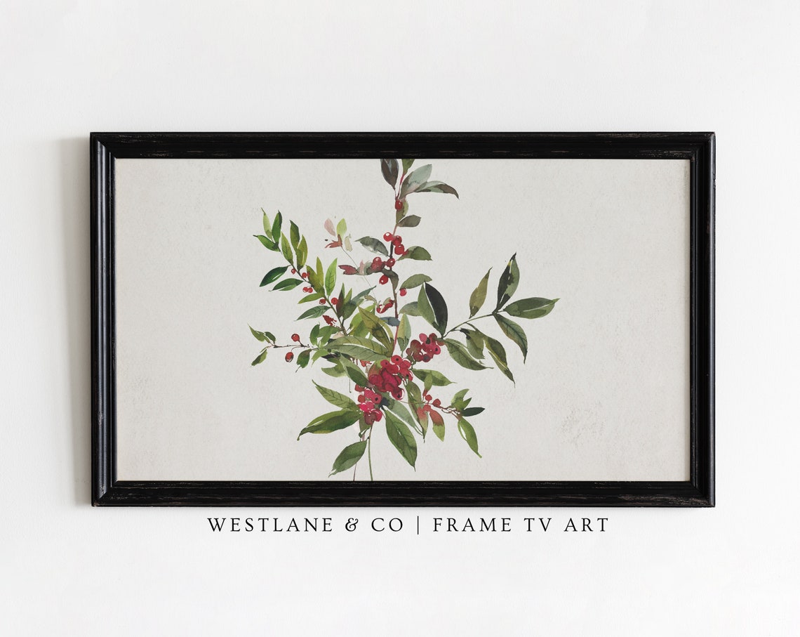 Watercolor Red Berry Sprigs Winter Greenery Botanical Wall Art - Image 2