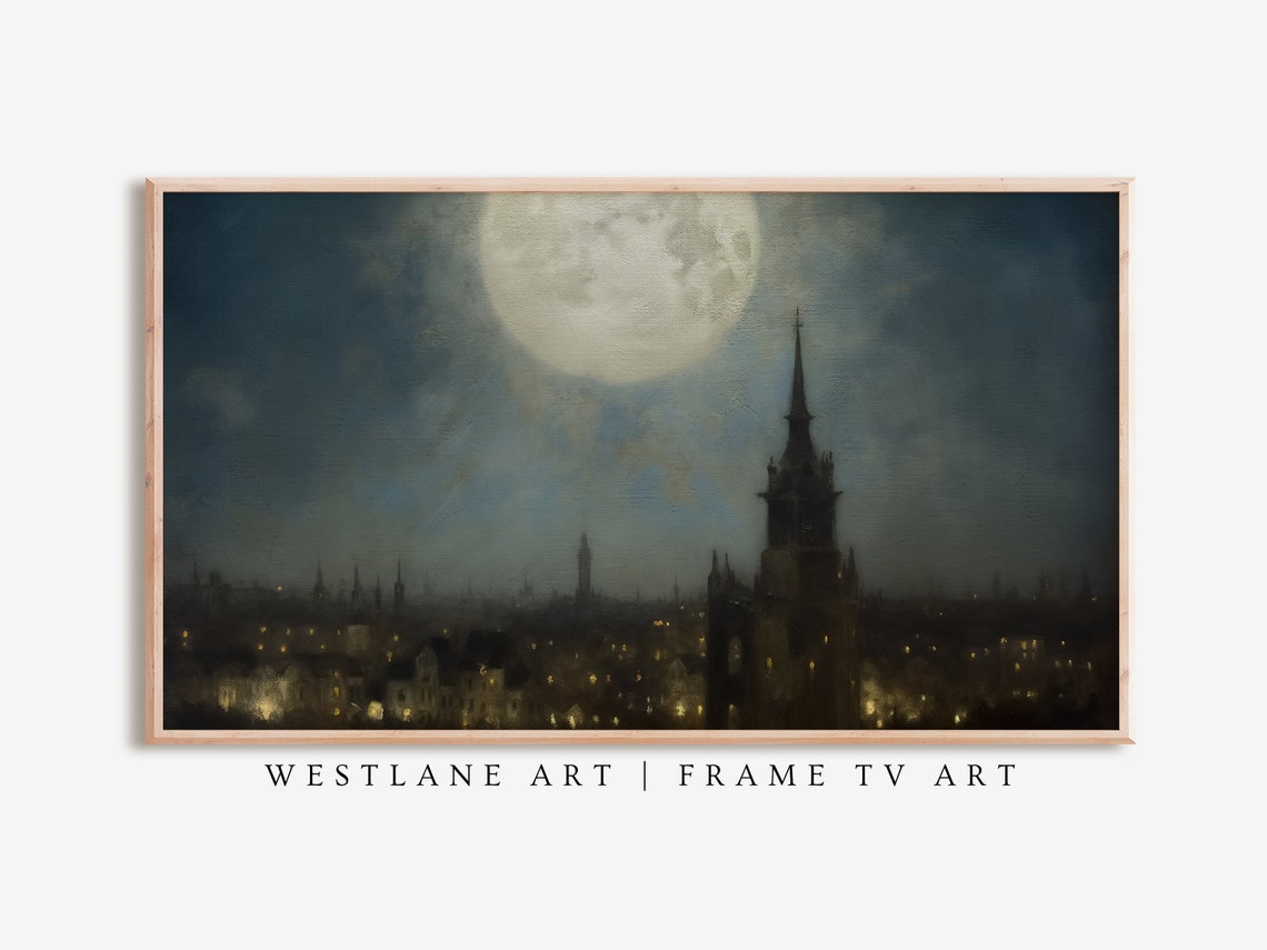 Moonlit City Skyline Night Cathedral Spire Old Town Lights Poster