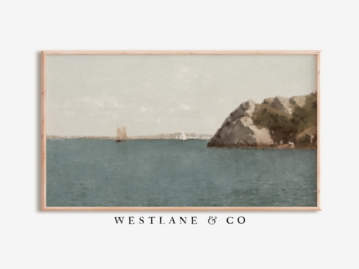 Vintage Coastal Seascape Painting Rocky Headland Sailboats Calm Water Wall Art Poster