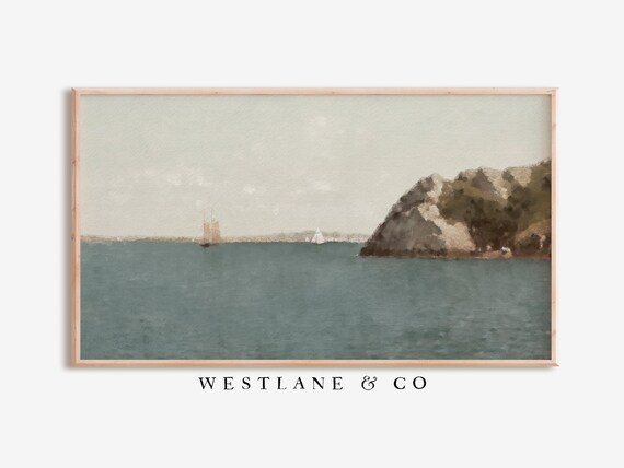 Vintage Coastal Seascape Painting Rocky Headland Sailboats Calm Water Wall Art Poster