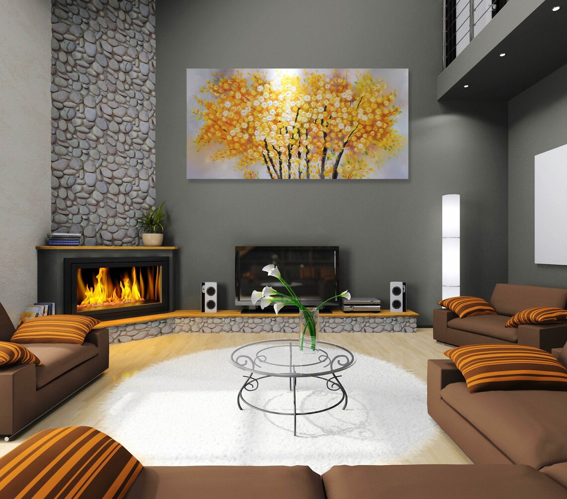 Golden Yellow Blossoming Trees Panoramic Floral Oil Painting Poster - Image 2