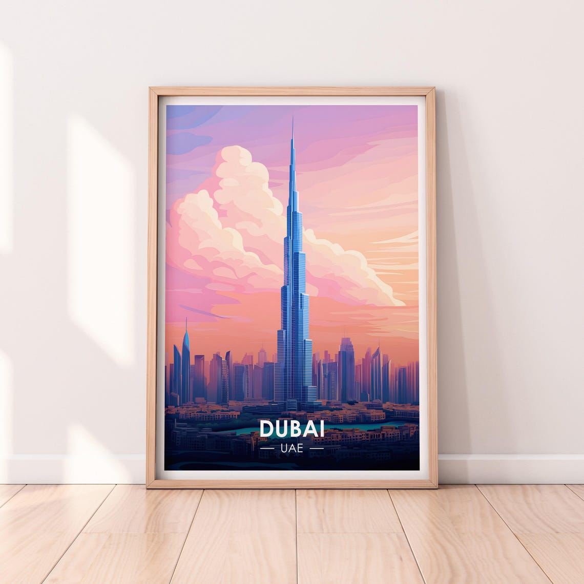 Dubai UAE Burj Khalifa Pink Sunset Skyline Clouds Travel Poster