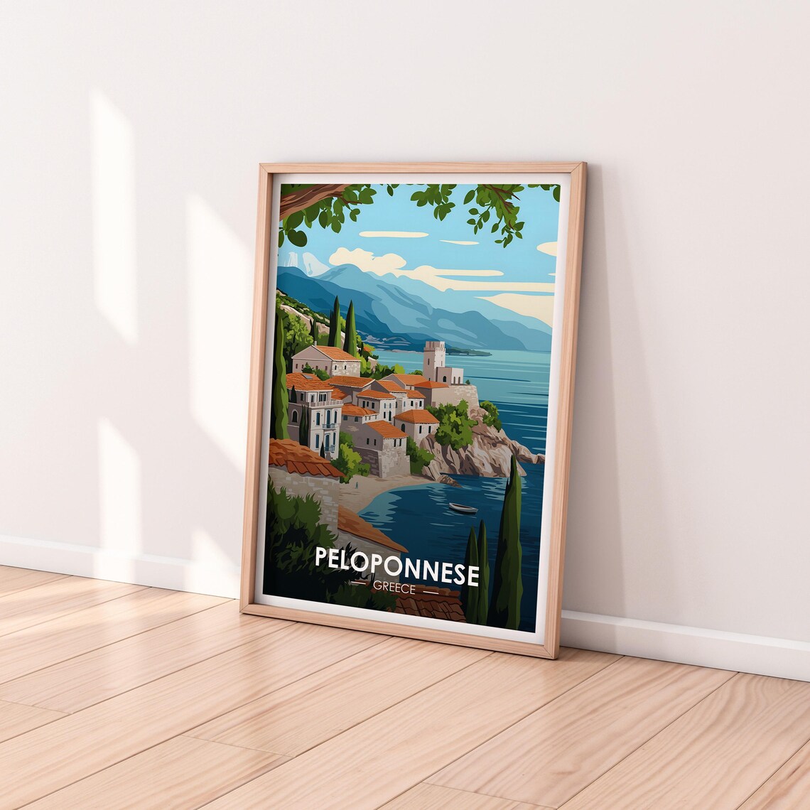 Peloponnese Greece Coastal Village Cypress Tower Bay Travel Poster - Image 2