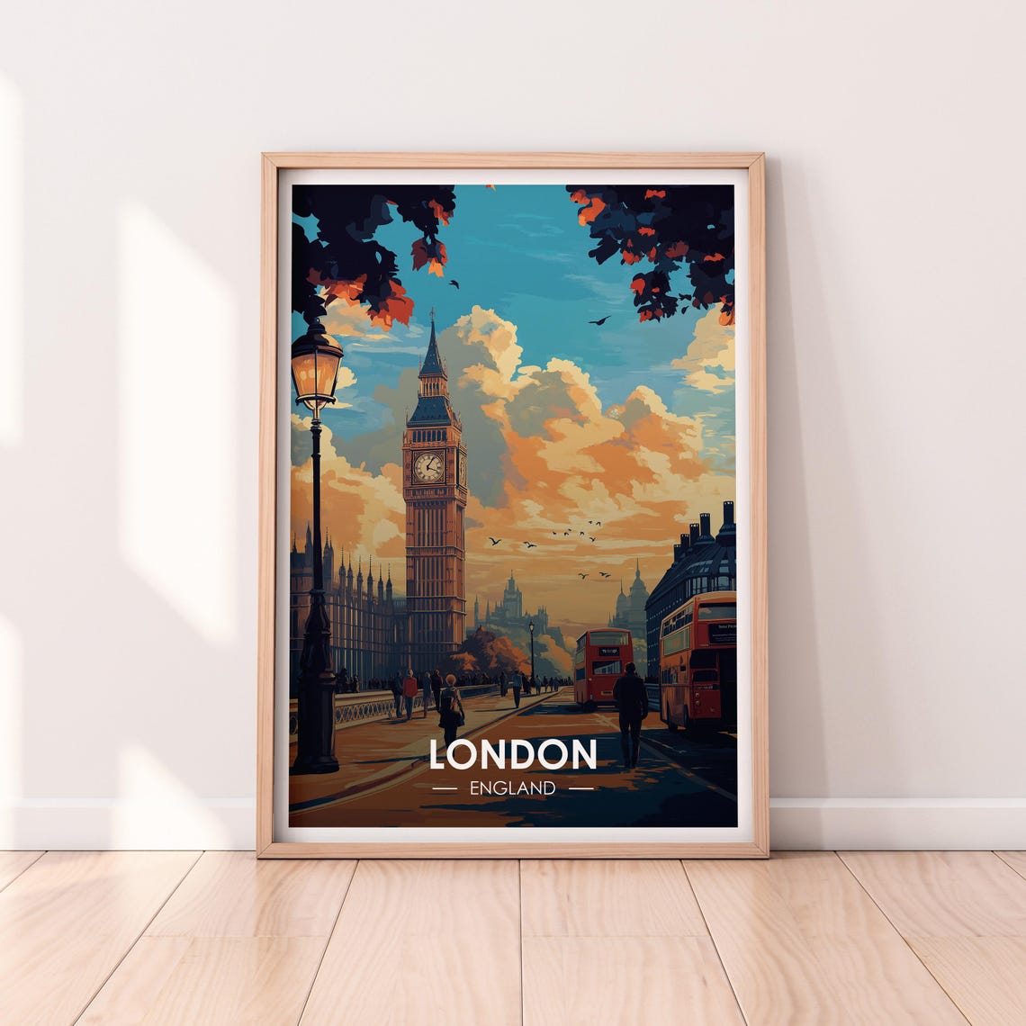 London England Big Ben Sunset Red Buses Vintage Travel Poster