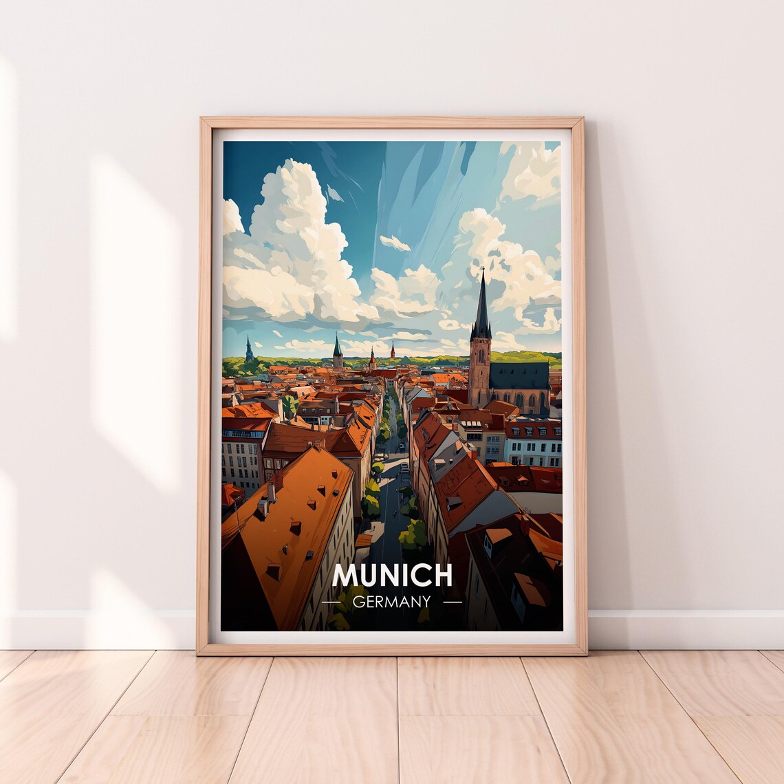 Munich Germany Old Town Red Rooftops Church Spires Retro Travel Poster