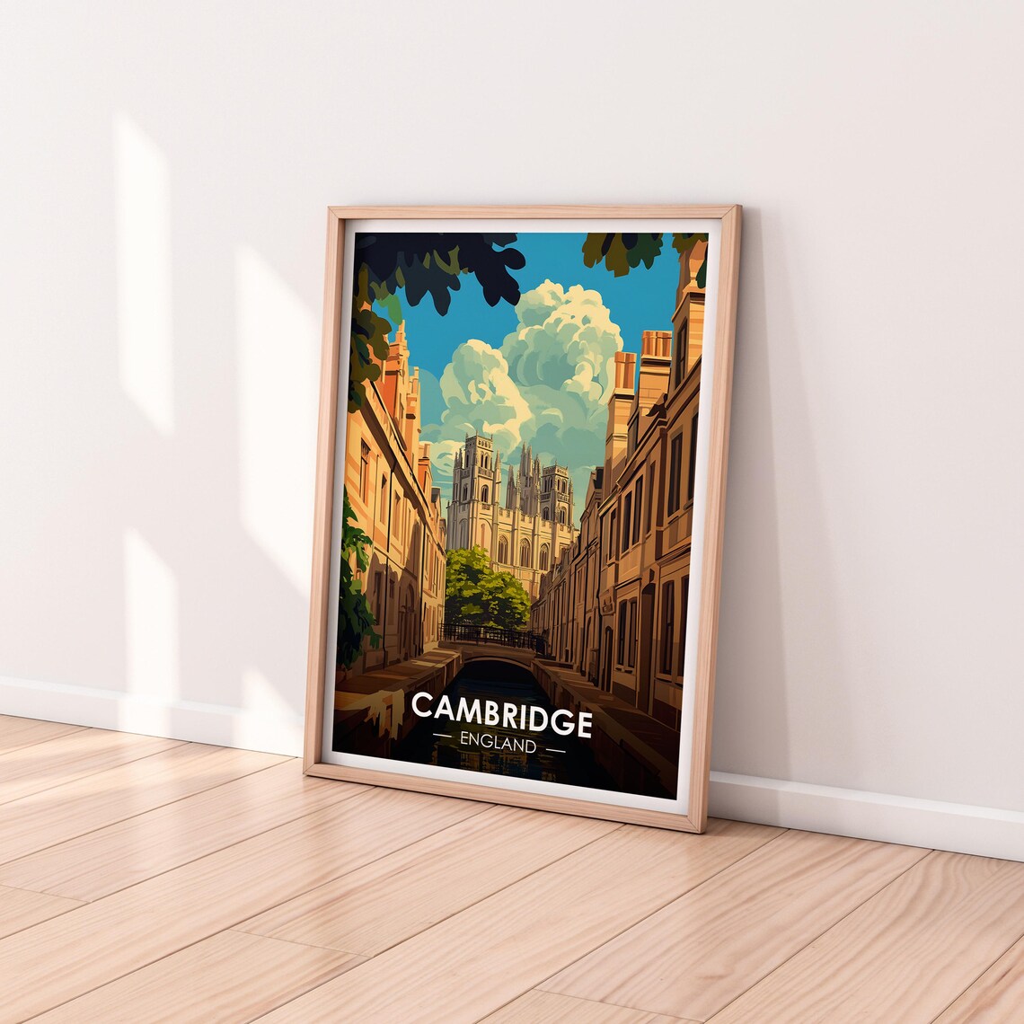 Cambridge England Canal Bridge Gothic Chapel College View Poster - Image 2