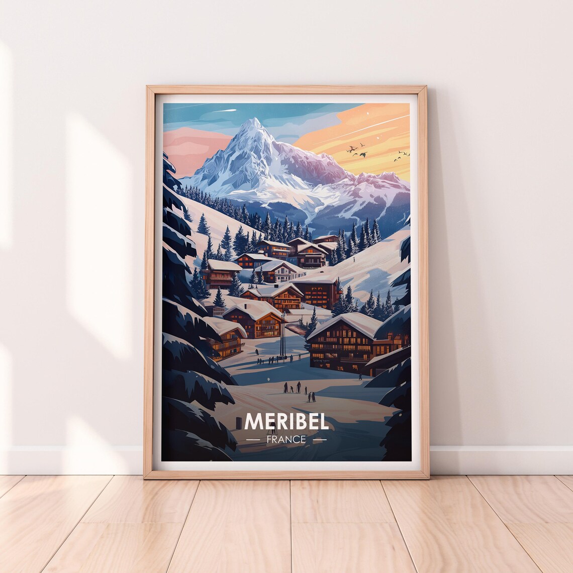 Meribel France Snowy Village Chalets Skiers Dusk Alps Poster