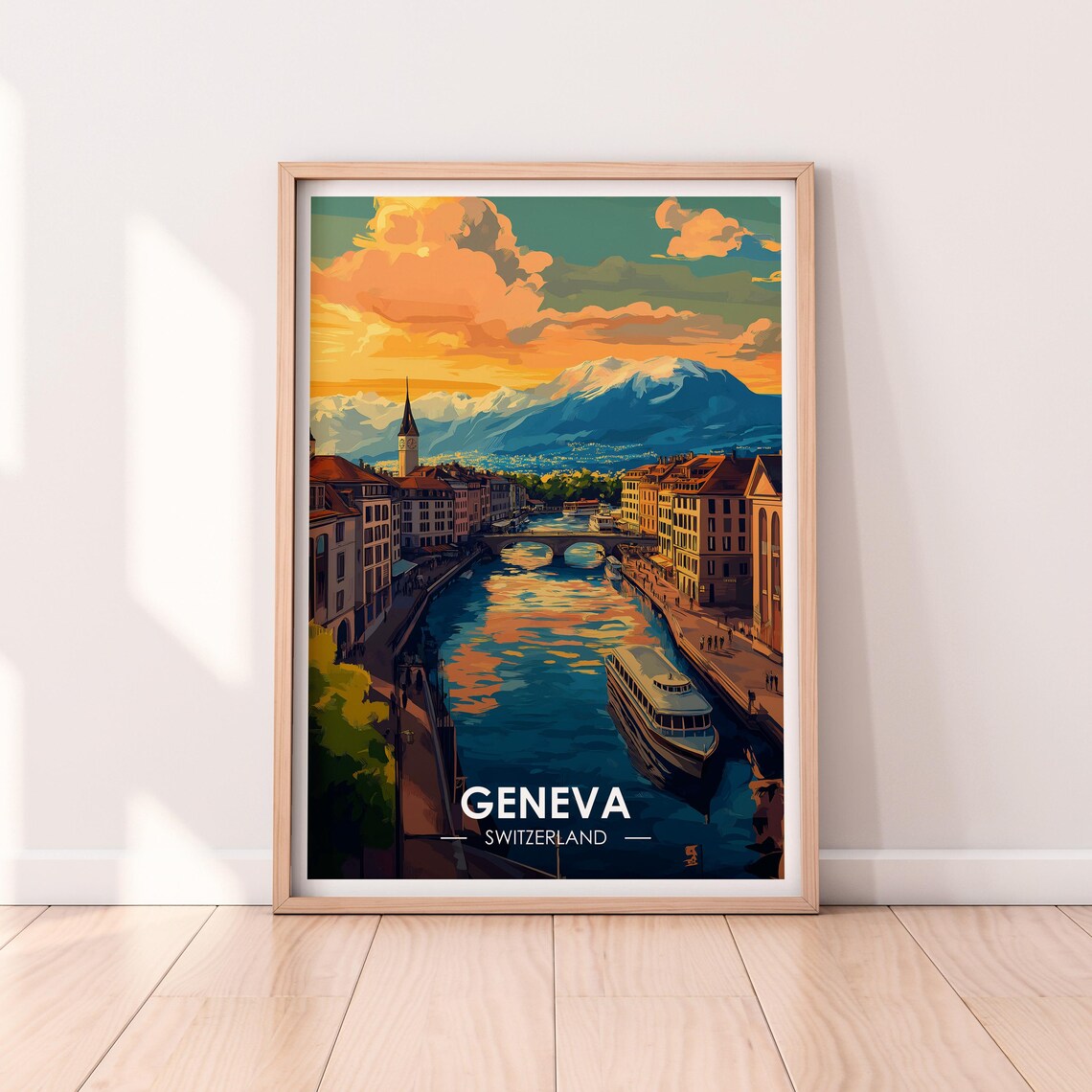 Geneva Switzerland Alpine Sunset River Old Town Boats Travel Poster