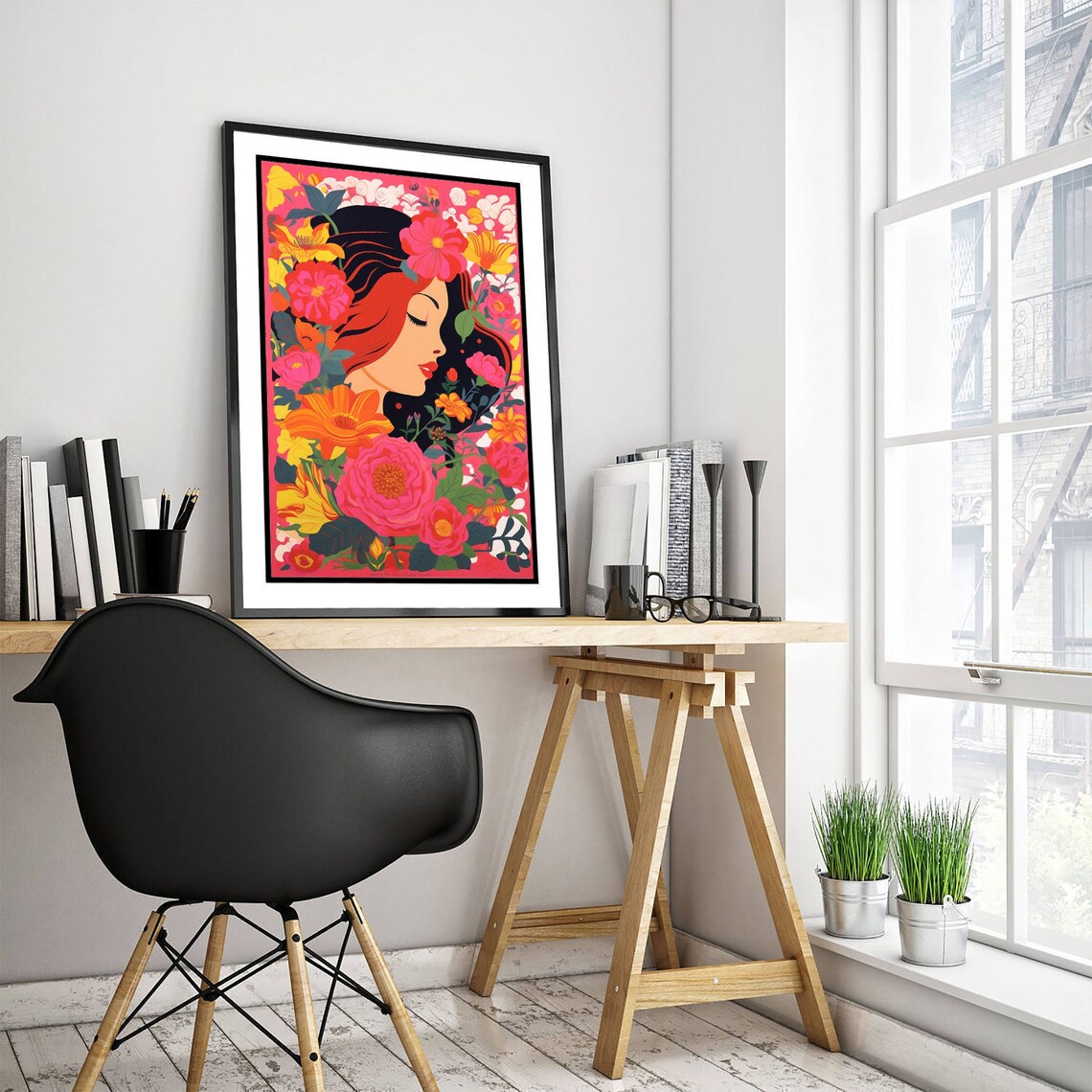 Woman Profile Pink Flowers Pop Art Vibrant Floral Beauty Poster - Image 3