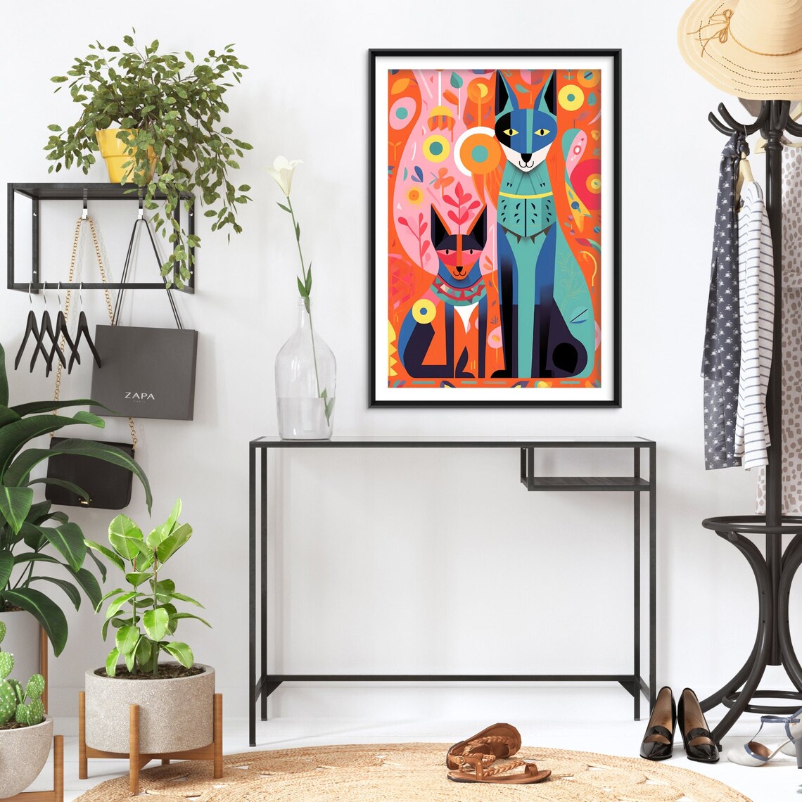 Two Colorful Folk Art Cats Floral Background Illustration Poster - Image 2