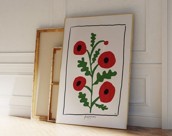 Poppy Poster Scandi Style Decor Flower Illustration Abstract Wall Art Mid Century Red And Black Prints Apartment