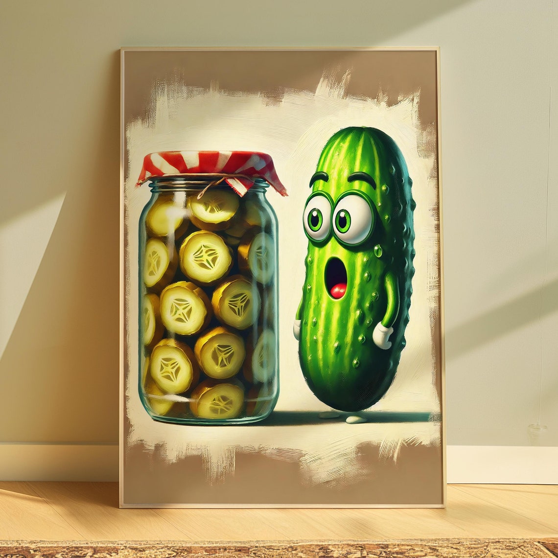 Funny Cartoon Pickle Character Beside Pickle Jar Kitchen Humor Poster