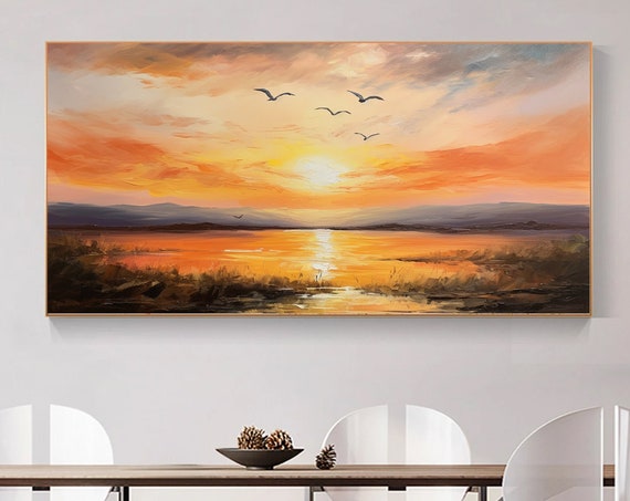 Original Hand Painted Abstract Lake Field Oil Painting Warm Home Wall Decor Sunset Landscape Art Living Room Decorative Painting Bright Gift