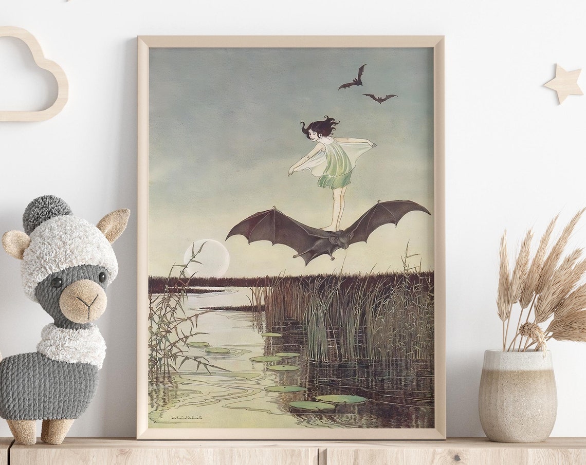 Fairy Riding a Giant Bat Over Moonlit Marsh Vintage Art Poster