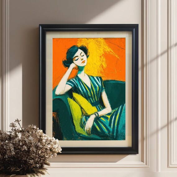 Relaxing Woman In Striped Dress Bold Expressionist Art Poster