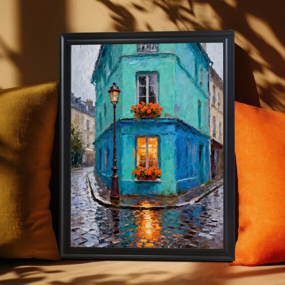 Rainy Paris Street Turquoise Building Flower Boxes Impressionist Poster