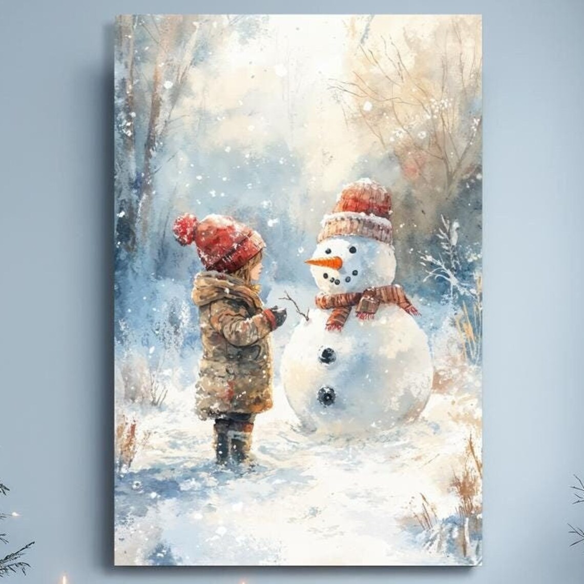 Child Building a Snowman in the Snow Watercolor Winter Poster