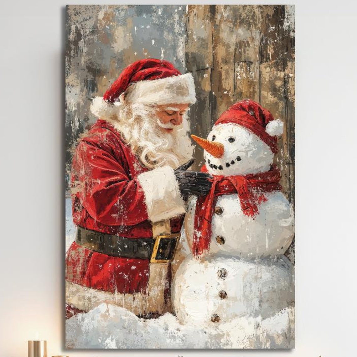 Santa Claus Adjusting a Snowman Rustic Winter Scene Painting Poster