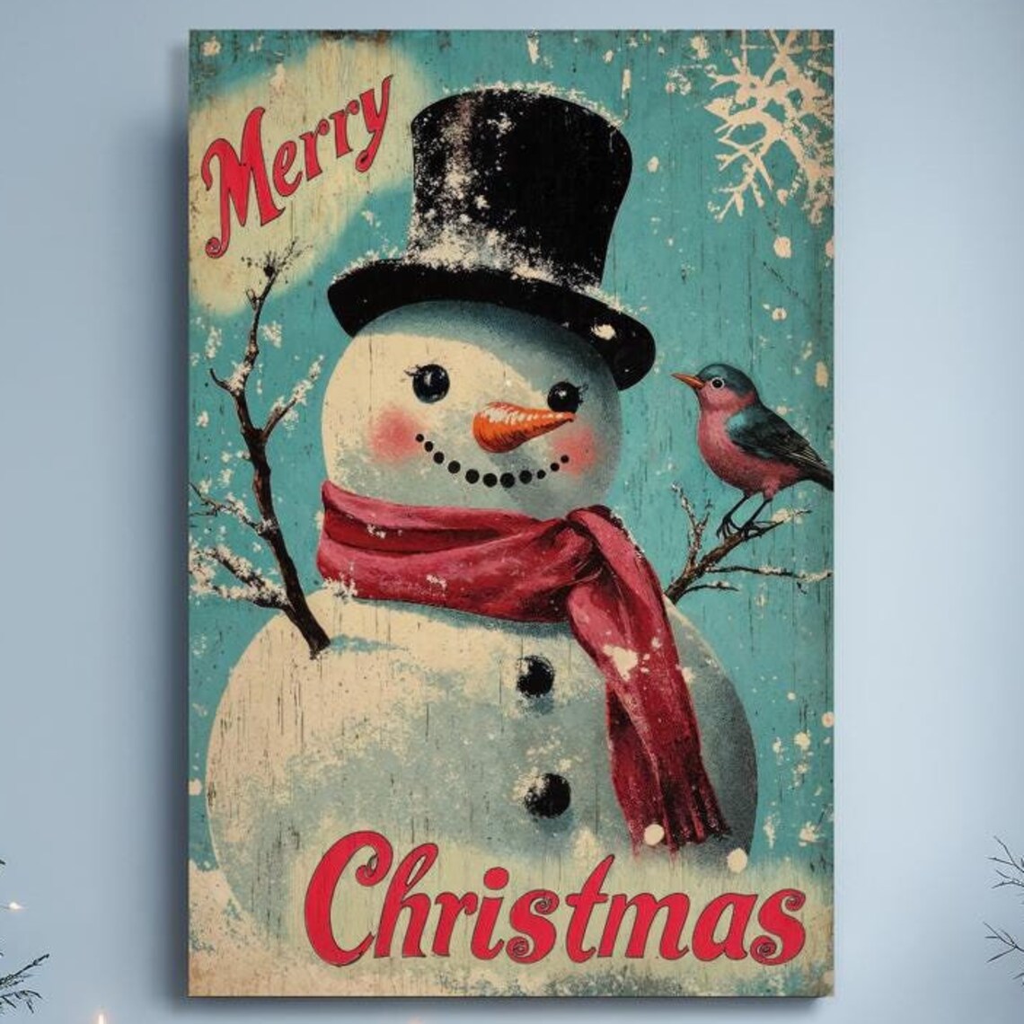 Vintage Merry Christmas Snowman Top Hat Bird Rustic Holiday Poster