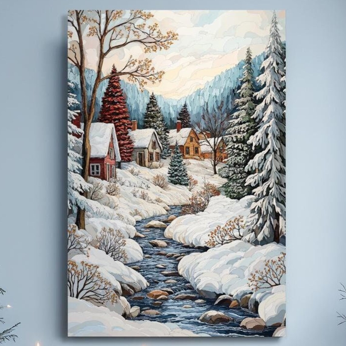 Snowy Mountain Village By A Stream Winter Landscape Wall Art