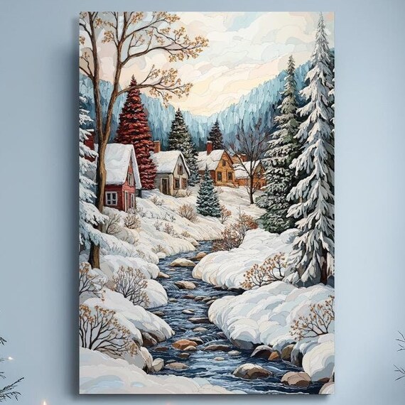 Snowy Mountain Village By A Stream Winter Landscape Wall Art