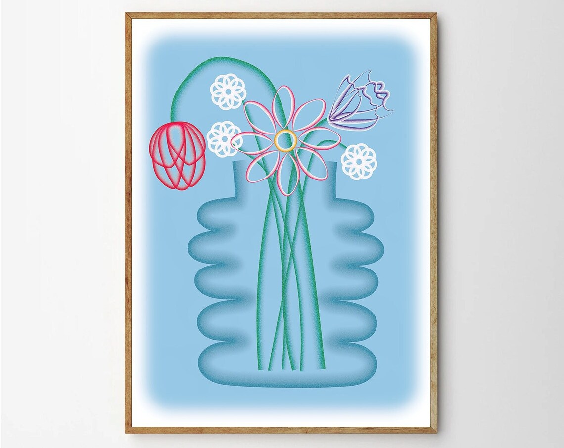 Neon Outline Wildflower Bouquet Blue Vase Modern Floral Poster