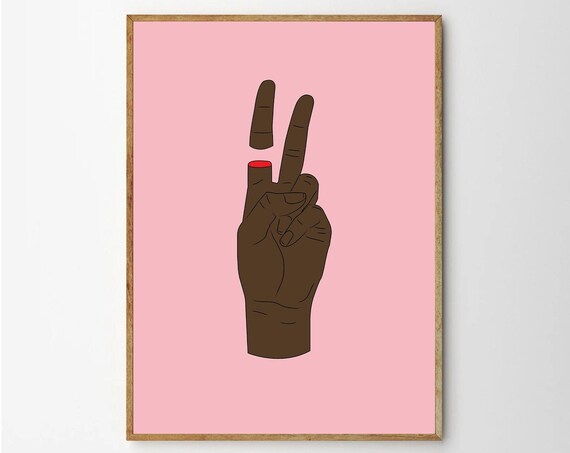 Dark Skinned Peace Sign Hand On Pink Feminist Modern Art Poster