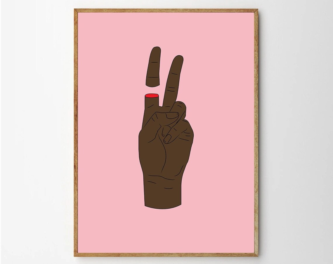 Dark Skinned Peace Sign Hand On Pink Feminist Modern Art Poster