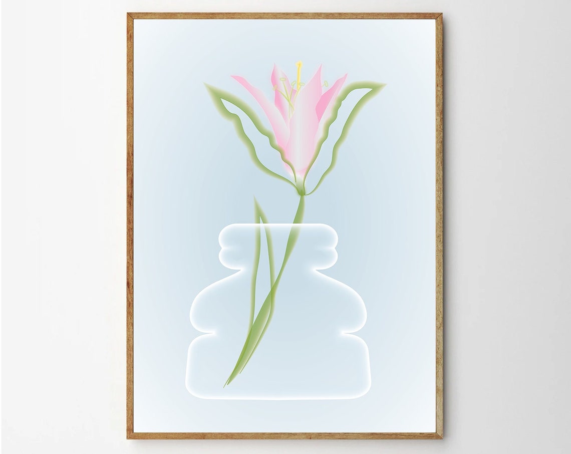 Single Pink Lily Glass Vase Soft Airbrush Botanical Floral Poster