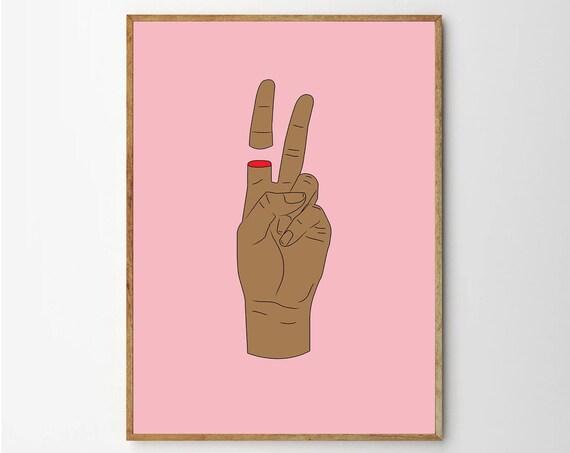 Minimal Line Peace Sign Hand Soft Pink Background Art Poster