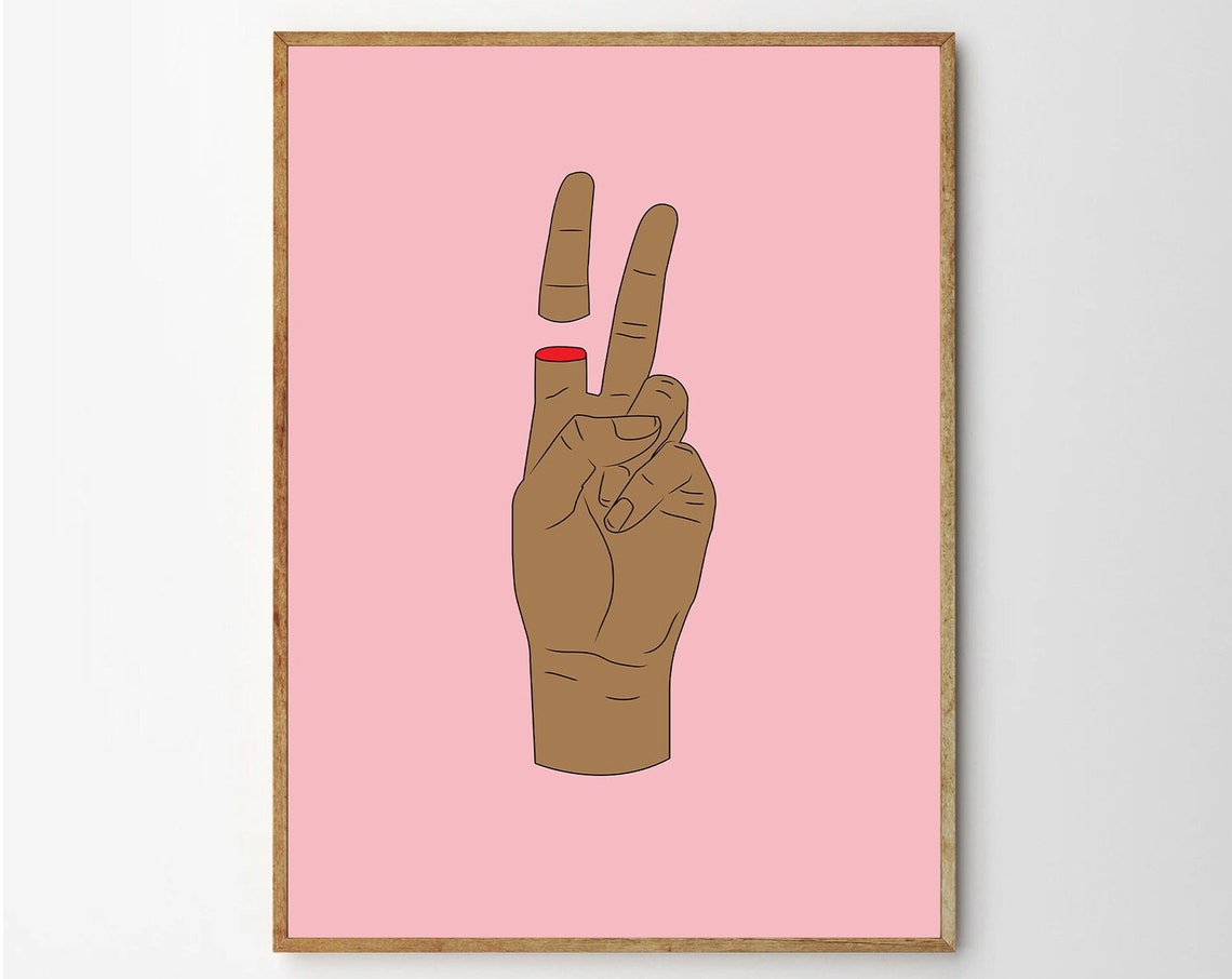 Minimal Line Peace Sign Hand Soft Pink Background Art Poster
