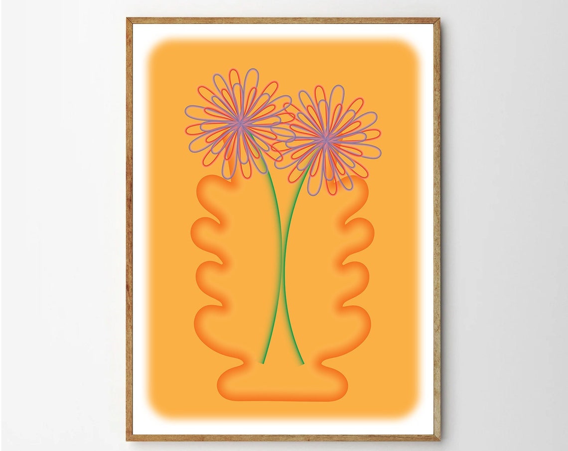 Orange Daisy Blooms Wavy Pink Vase Playful Floral Art Poster