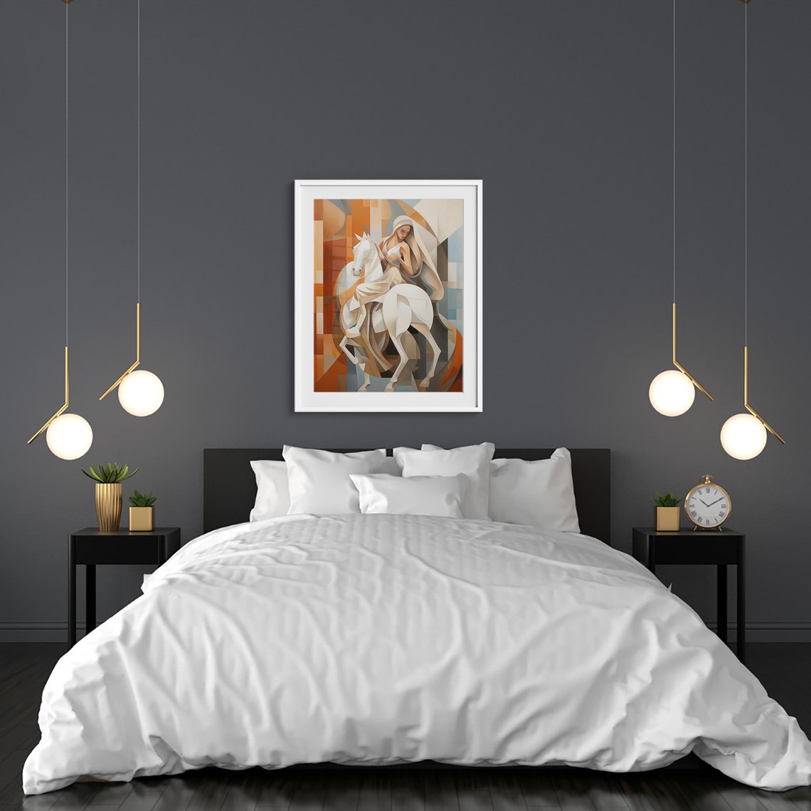 Woman Embracing White Horse Cubist Style Warm Earth Tones Poster - Image 4
