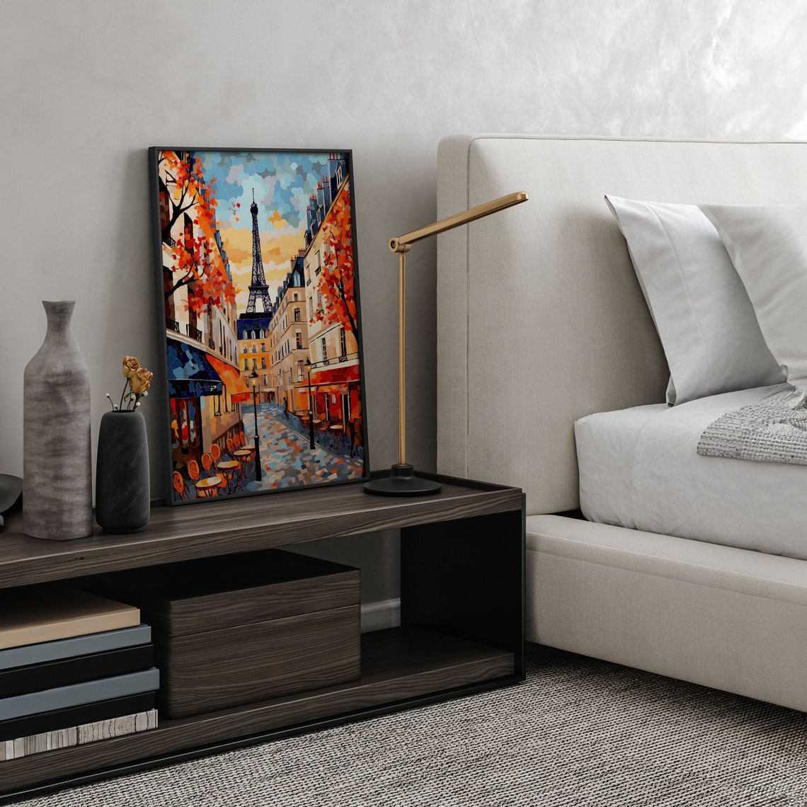 Charming Paris Street Cafe Scene with Eiffel Tower Autumn Art Poster - Image 2