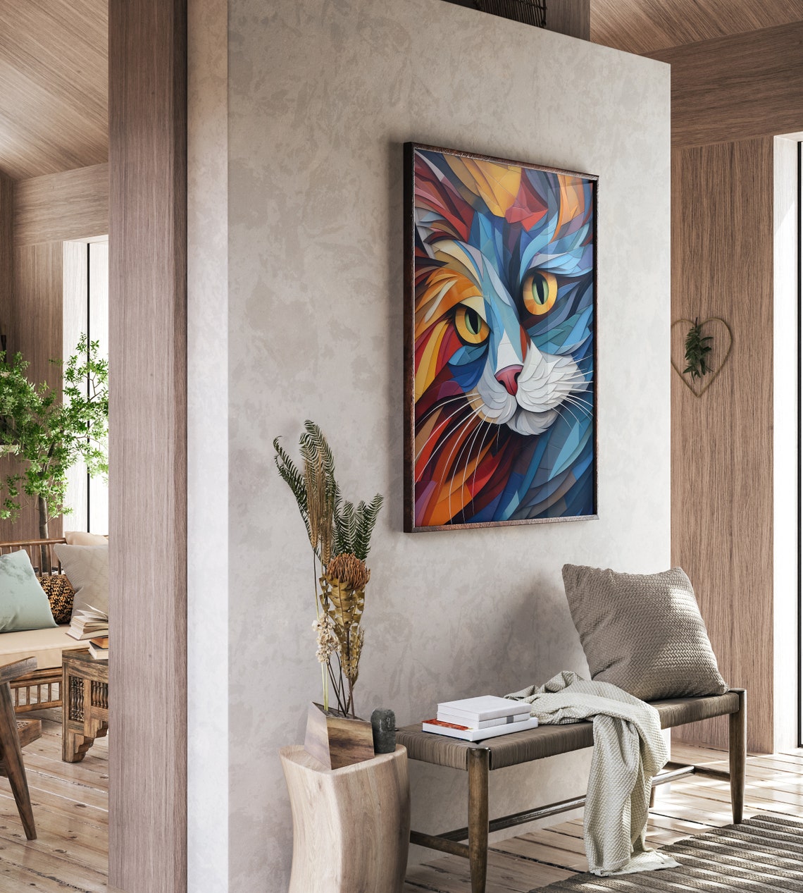 Geometric Patchwork Cat Face Close Up in Bright Blue Art Poster - Image 4