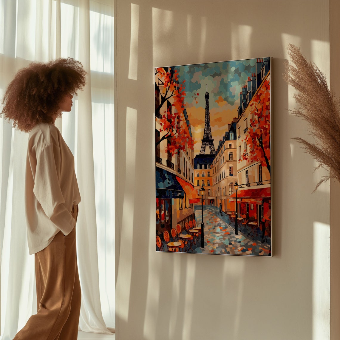 Charming Paris Street Cafe Scene with Eiffel Tower Autumn Art Poster - Image 6