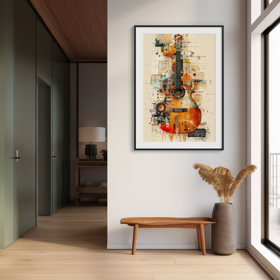Acoustic Guitar Technical Drawing Collage Vintage Sheet Music Art Poster - Image 3