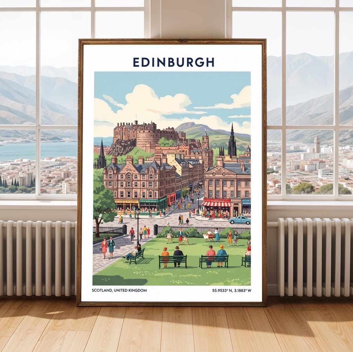 Edinburgh Castle Gardens Crowded Park Vintage Scotland Travel Poster