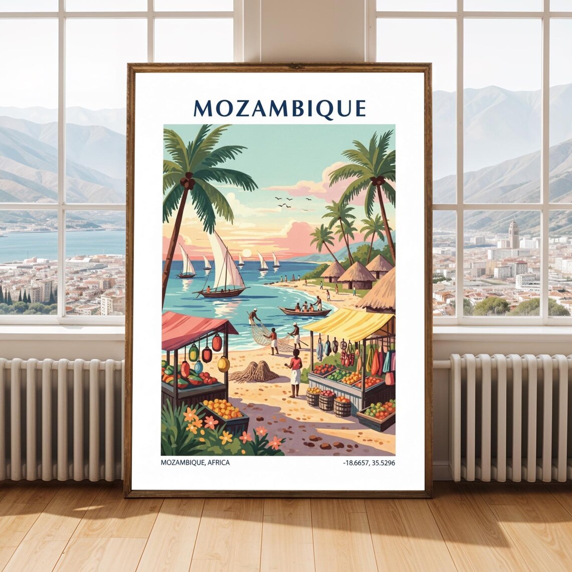 Mozambique Vintage Travel Poster Africa Coastal Beach Scene Art