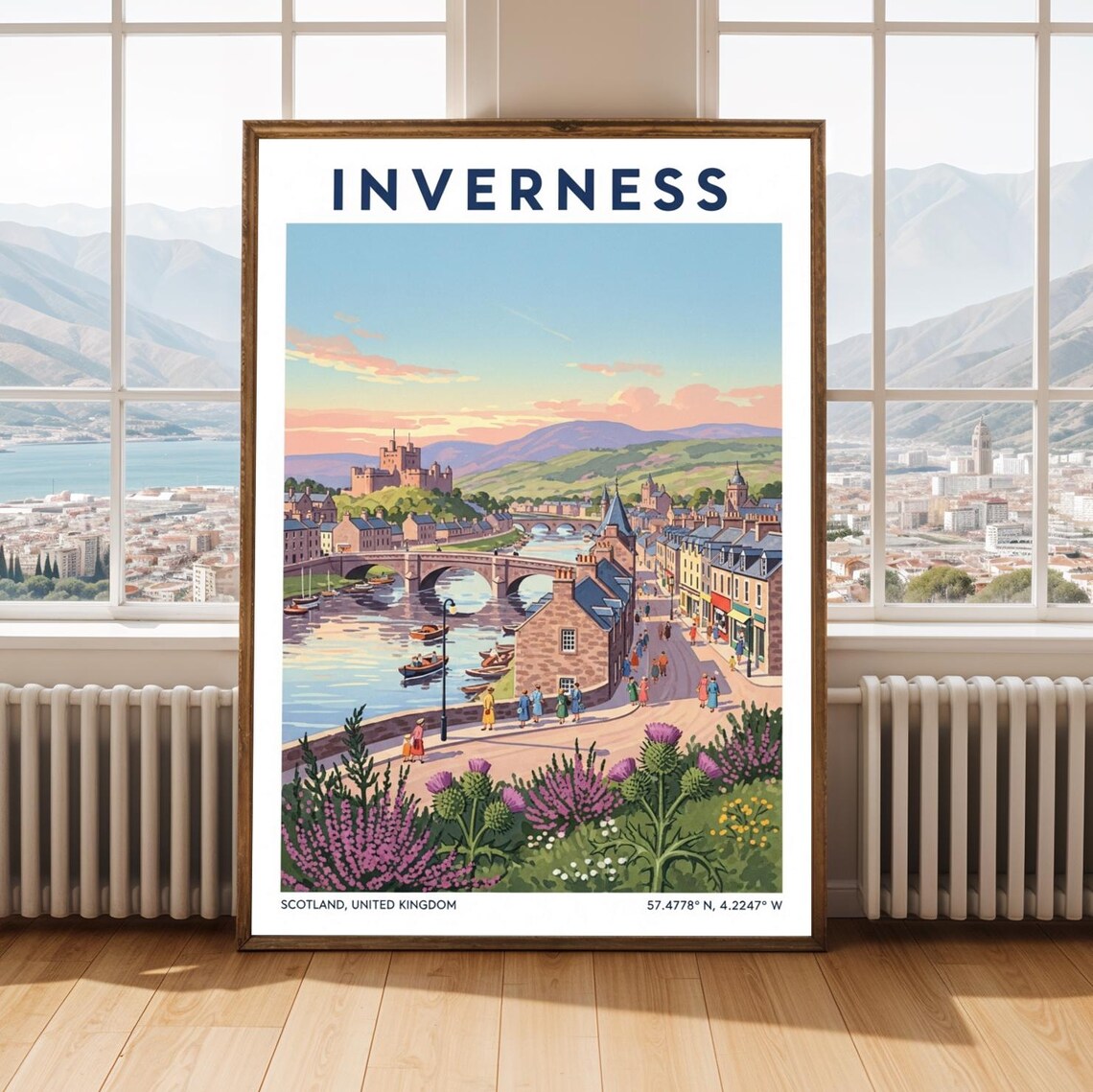 Inverness Scotland Travel Poster Riverside Castle Thistles Sunset Vintage Art