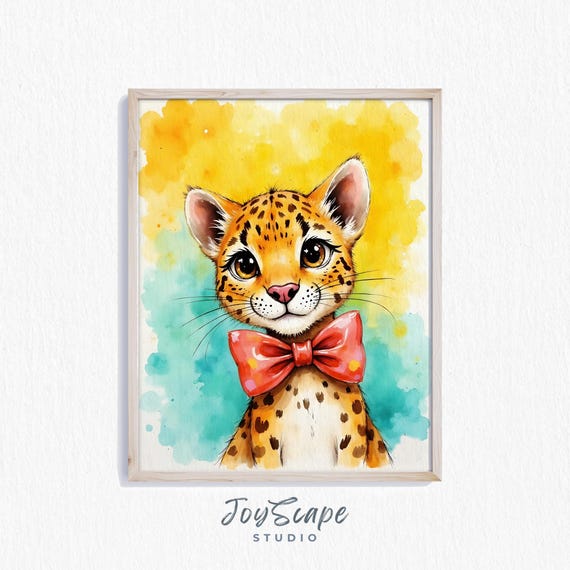 Funny Leopard With Bow Tie Watercolor Print Playful Animal Art Wall For Kids Nursery Decor 656