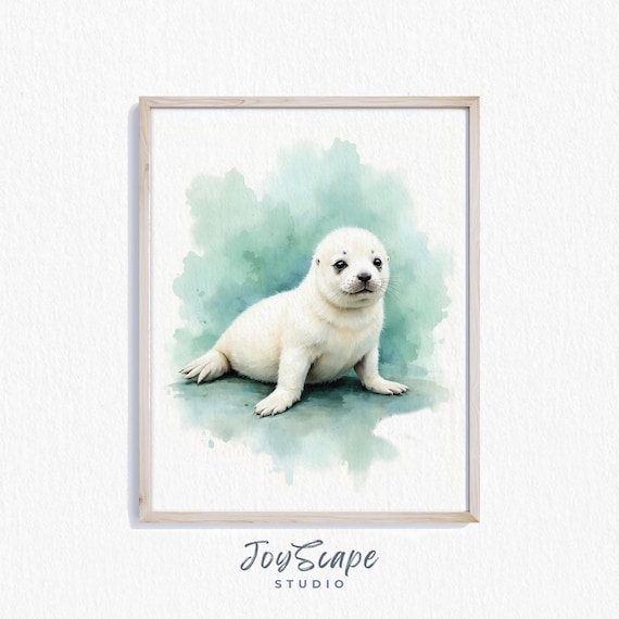 Baby Harbor Seal Pup Soft Watercolor Coastal Nursery Animal Poster