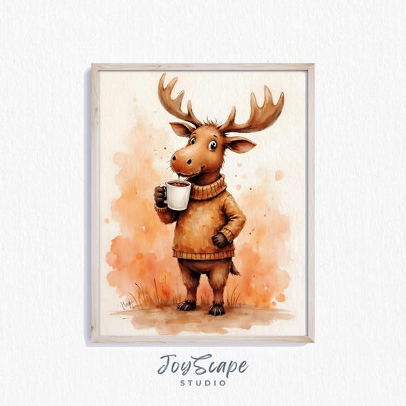 Funny Moose Drinking Coffee Watercolor Nursery Wall Art Animal Kids Room