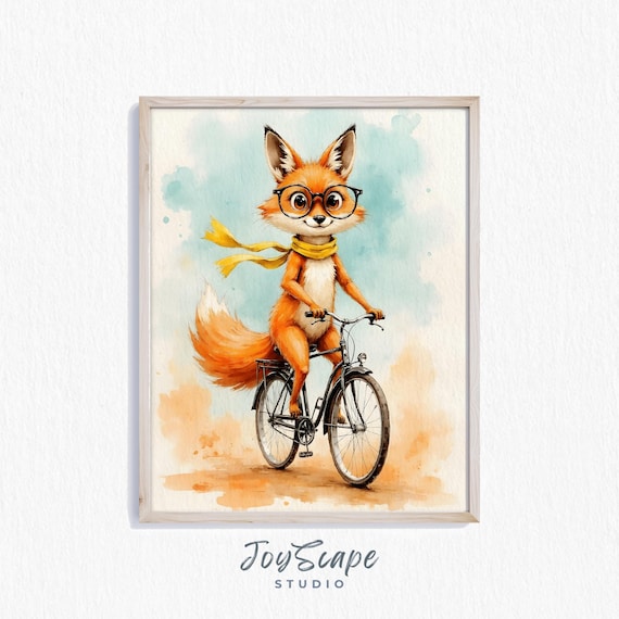 Cute Fox Riding Bicycle Wearing Glasses Nursery Watercolor Poster